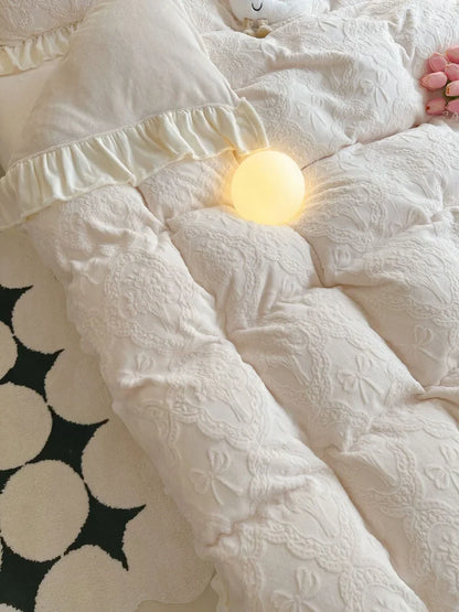 Plush Ruffled Embossed Bow Flannel Fleece Bedding Set