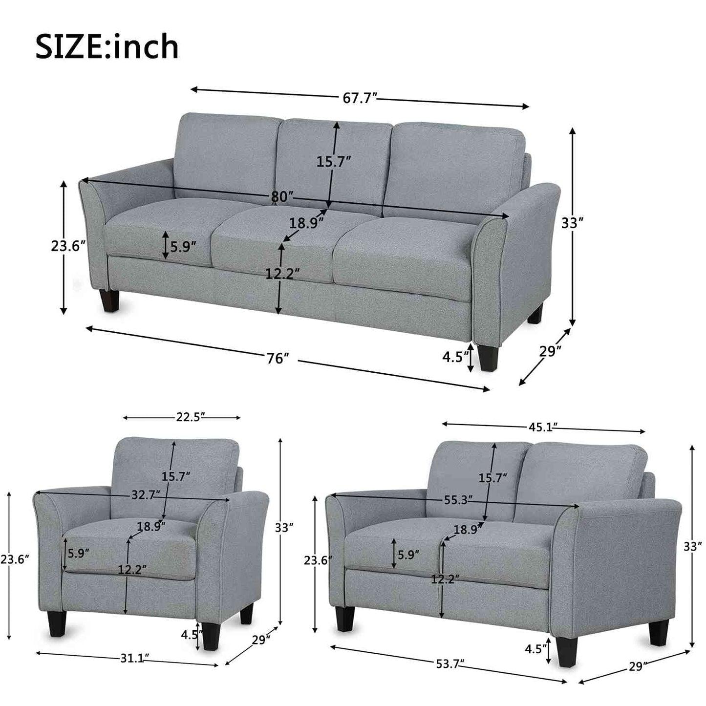 3 Piece Living Room Sofa Set, Modern Sectional Couch Furniture, Upholstered Armchair, Loveseat and Three Seat for Home or Office (Linen Grey) Furniture Home & Kitchen Living Room Furniture Living Room Sets