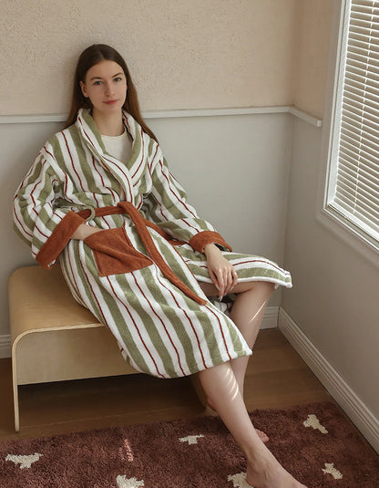 Plush Sage Striped Long-Staple Cotton Robe