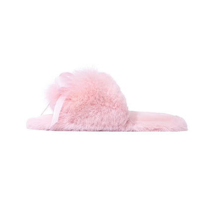 Plush Satin Bow Faux Fur House Slippers