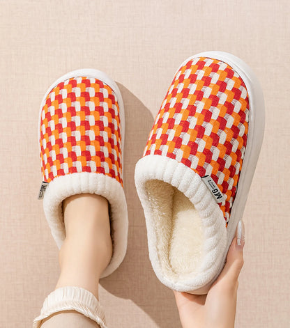 Fuzzy Woven Gingham Plush House Slippers