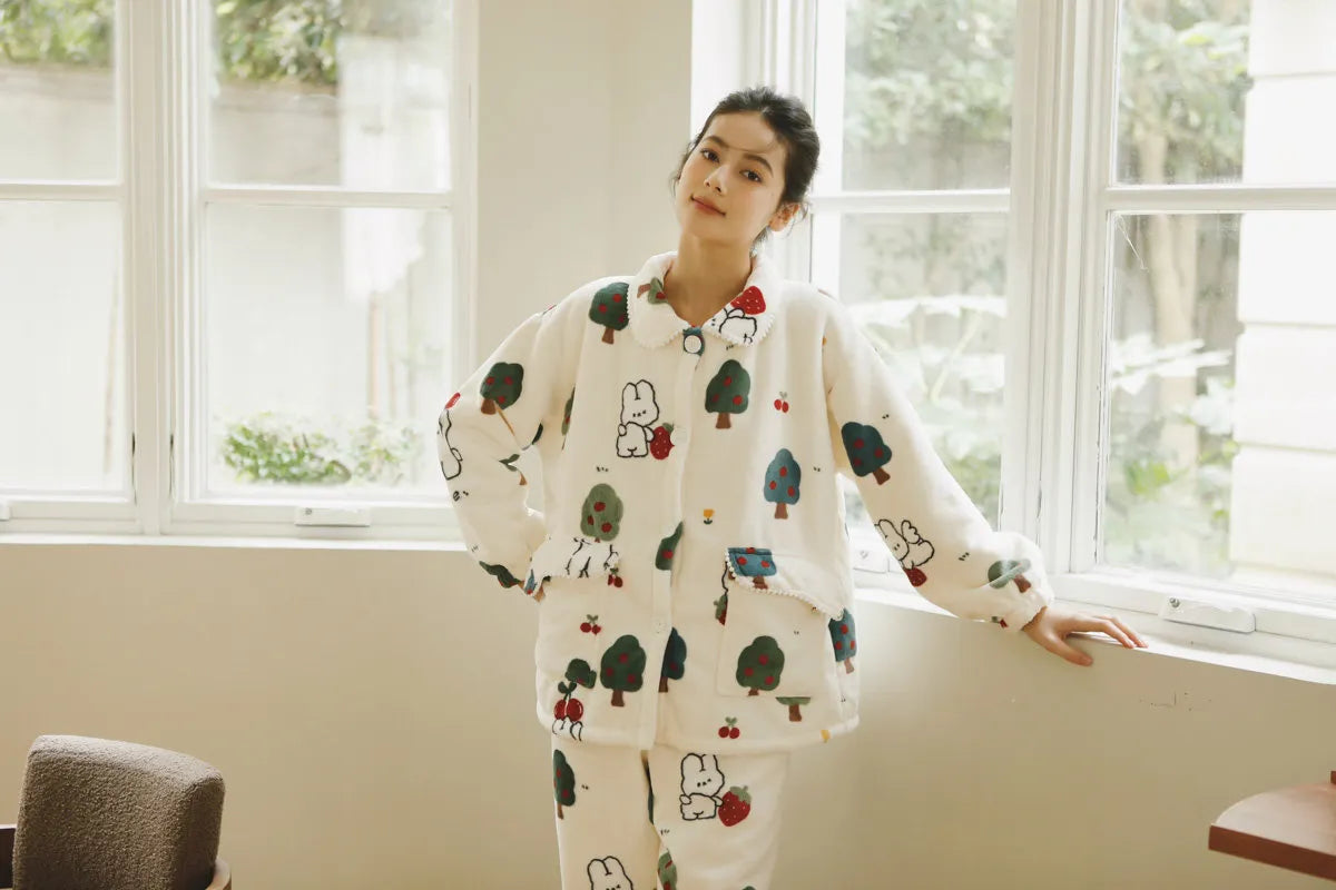 Plush Bunny & Strawberry Flannel Fleece Pajama Set