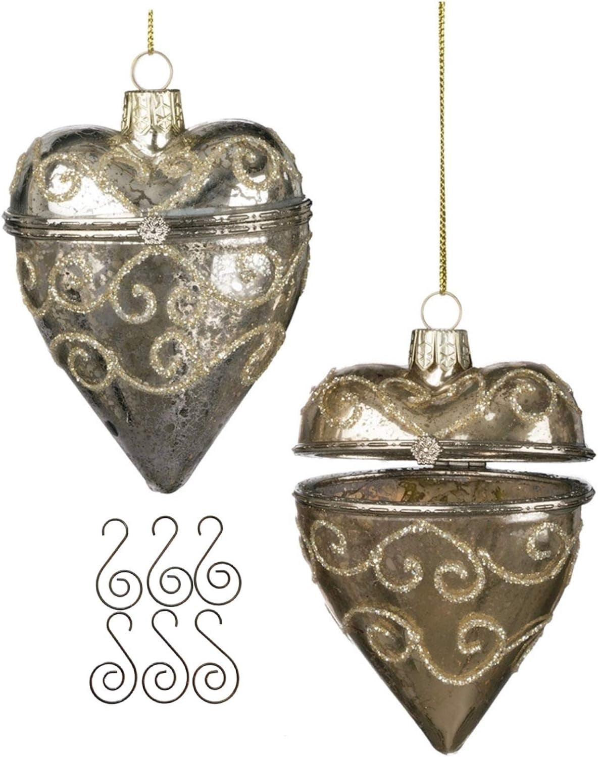 1 Silver Heart Mercury Christmas Glass Ornament - Vintage Look Heirloom Quality Holiday Decoration. Opens to Add Small Gifts - Includes 6 Swirl Hooks Hanging Ornaments Home & Kitchen Home Décor Accents Home Décor Products