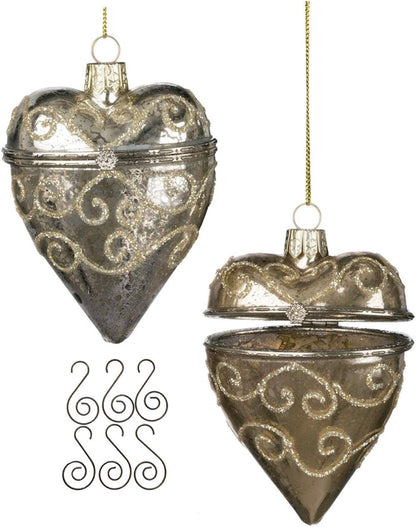 1 Silver Heart Mercury Christmas Glass Ornament - Vintage Look Heirloom Quality Holiday Decoration. Opens to Add Small Gifts - Includes 6 Swirl Hooks Hanging Ornaments Home & Kitchen Home Décor Accents Home Décor Products