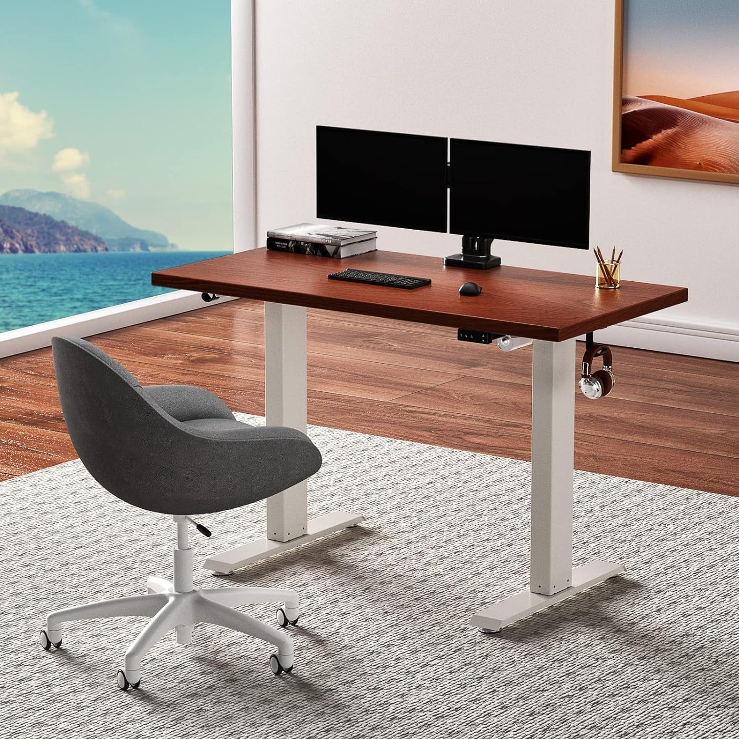 Electric Standing Desk 48 X 24 Inches, Adjustable Height Computer Desk, Whole Piece Board Sit Stand Desk for Home Office, Memory Preset White Frame + Walnut Top 0.7” Furniture Home & Kitchen Home Office Desks Home Office Furniture