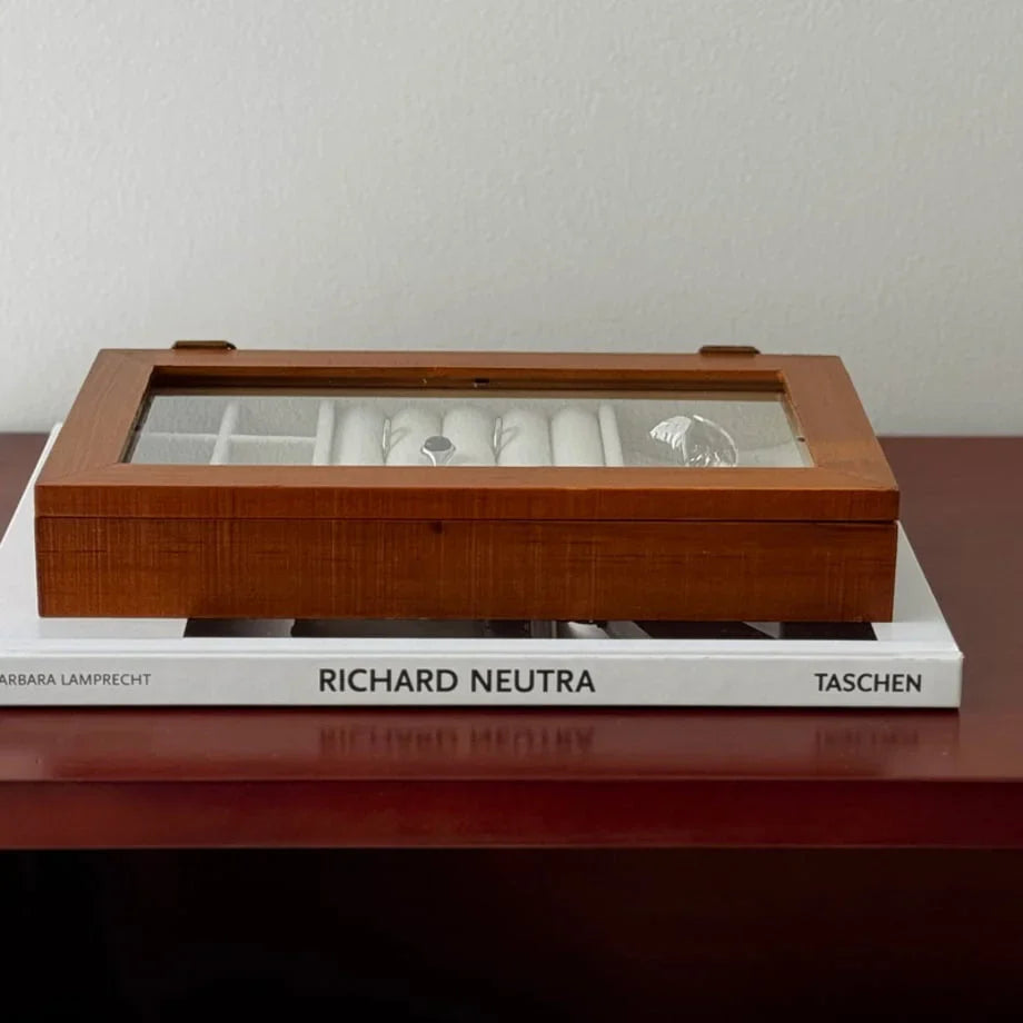 Polished Wood Jewelry Organizer with Glass Lid