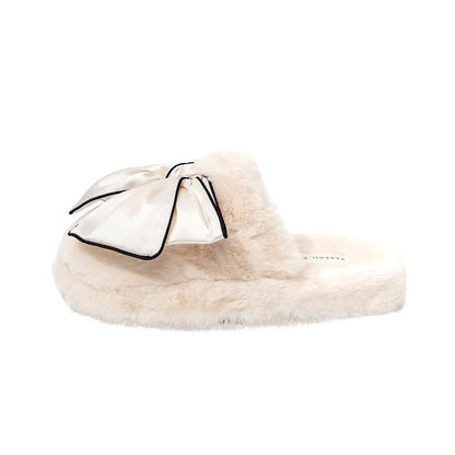 Plush Satin Bow Faux Fur House Slippers