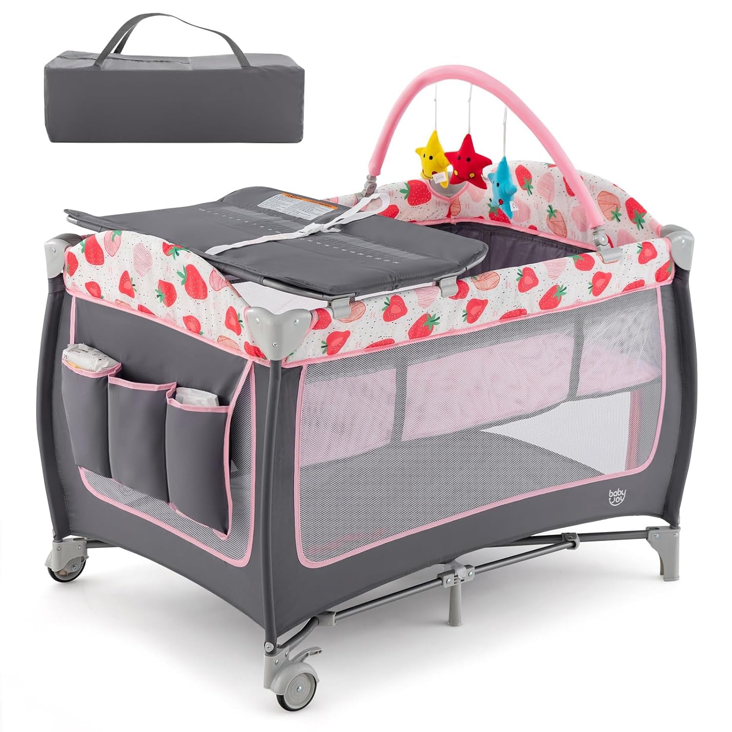 BABY JOY 4 in 1 Pack and Play, Portable Baby Playard with Bassinet, Side Zipper Door, Changing Table, Indoor Outdoor Travel Nursery Center W/Toy Bar, Lockable Wheels, Carry Bag