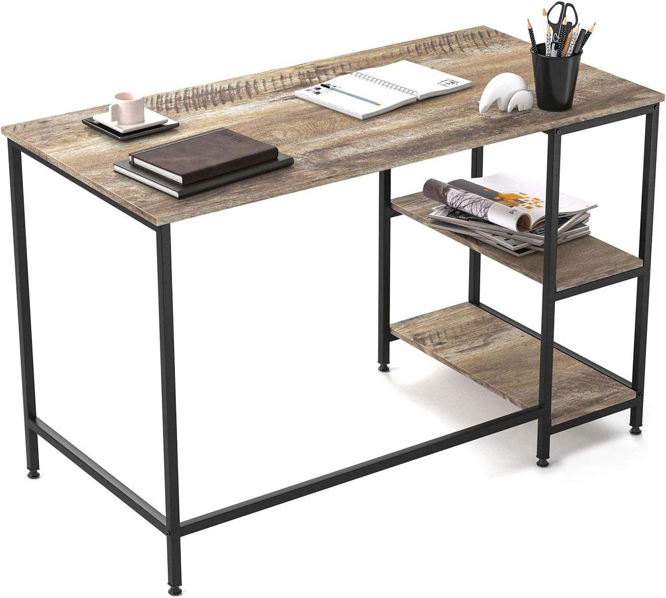 Ballucci Computer Desk, 47 Inch Home Office Desk with 2 Storage Shelves, Modern Study and Gaming Desk, Wood with Metal Frame Workstation and Writing Table - Rustic Gray Furniture Home & Kitchen Home Office Desks Home Office Furniture