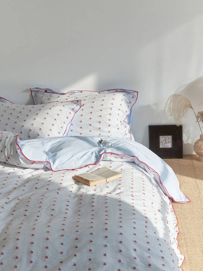 Ruffled Cherry Print Washed Cotton Bedding Set