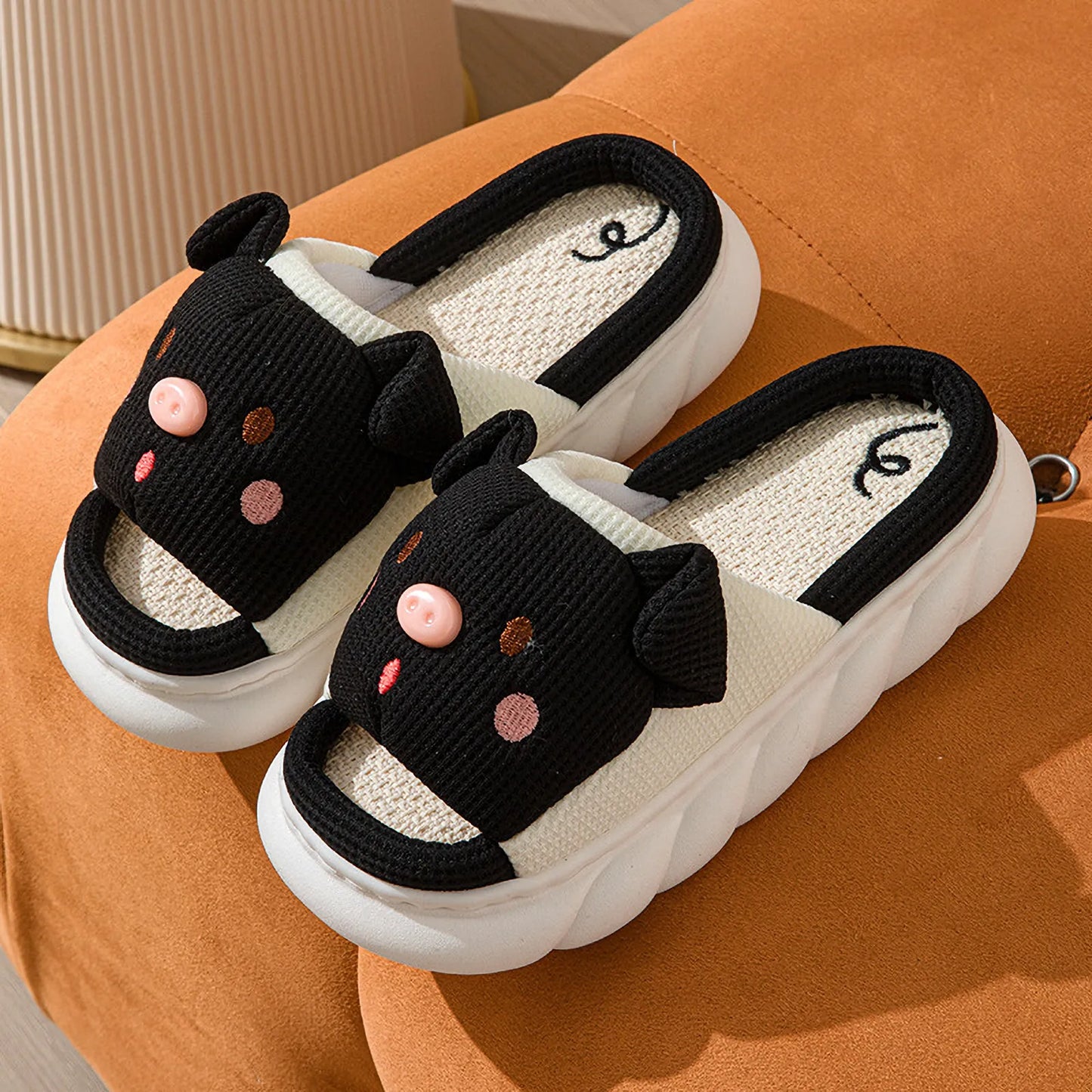 Waffle Textured Embroidered Pig Linen House Slippers