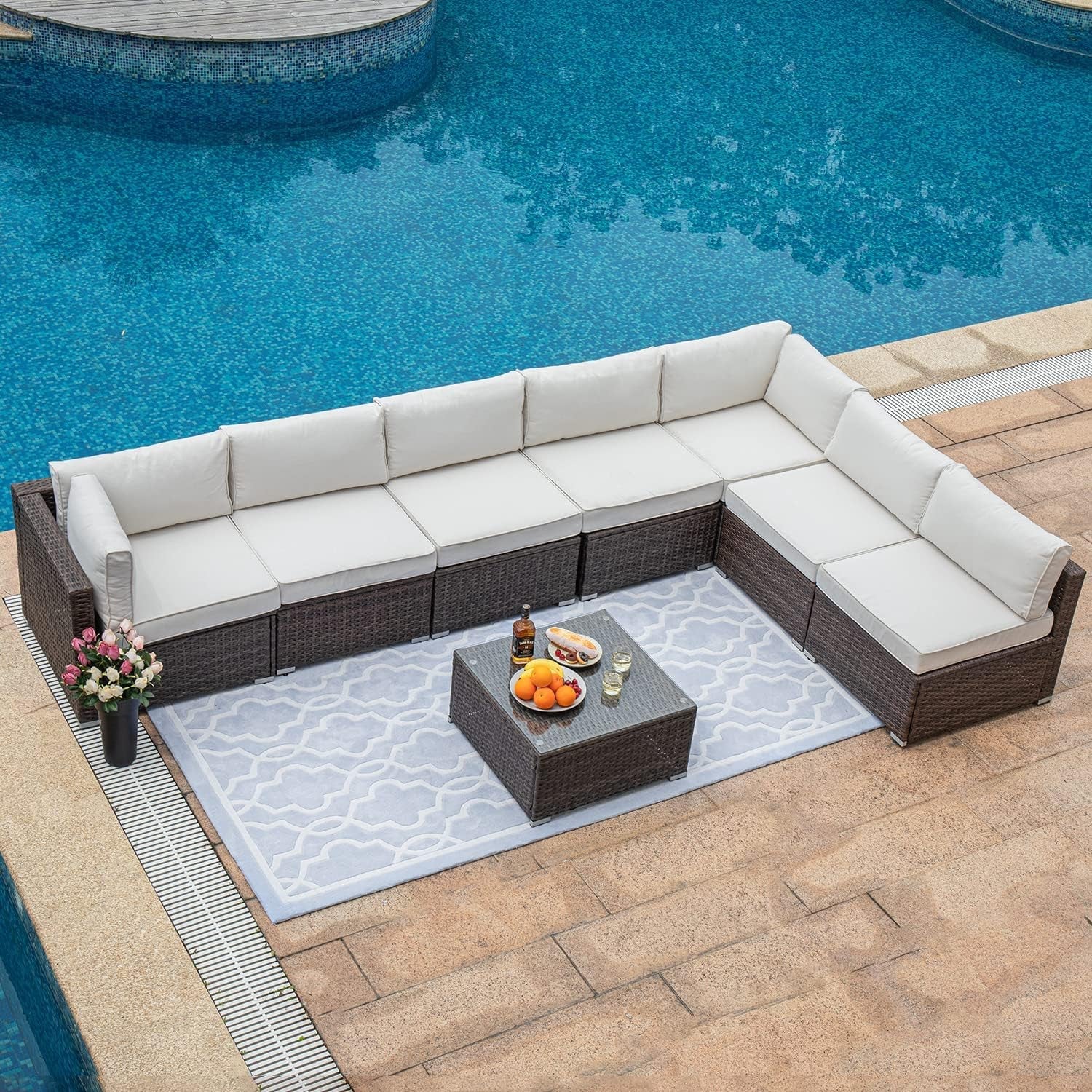 COSIEST 6-Piece Outdoor Furniture Set Brown Wicker Sectional Sofa W Thick off White Cushions, Glass Coffee Table, 2 Ottomans for Garden, Pool, Backyard Conversation Sets Lawn & Garden Patio Patio Furniture & Accessories Patio Furniture Sets