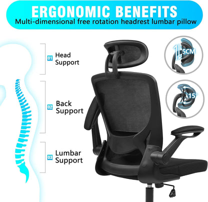 KERDOM Ergonomic Office Chair, Breathable Mesh Desk Chair, Lumbar Support Computer Chair with Headrest and Flip-Up Arms, Swivel Task Chair, Adjustable Height Gaming Chair Furniture Home & Kitchen Home Office Chairs Home Office Desk Chairs Home Office Furniture