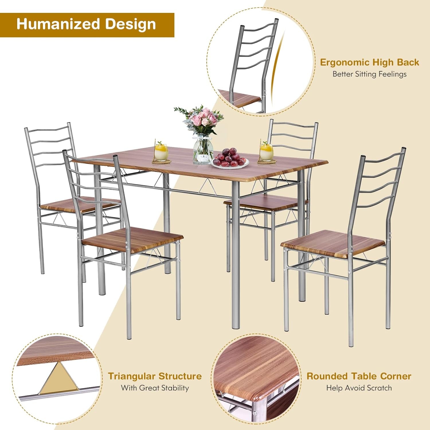 COSTWAY 5 Pieces Dining Room Table Set, Modern Kitchen Table Set with Metal Framework & Anti-Slip Pads, Dining Furniture Set with 4 High Back Chairs for Dining Room, Restaurant and Cafe (Natural Wood) Dining Room Furniture Furniture Home & Kitchen Table & Chair Sets