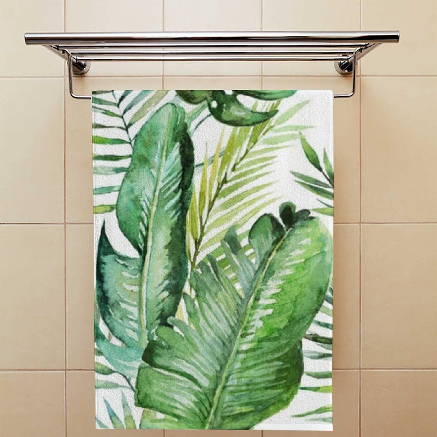 Vantaso Bath Hand Towels Face Terry Towel Washcloth Couple Bathroom Set of 2 Green Tropical Palm & Fern Leaves Kitchen Decor Soft Quick Dry Super Absorbent 30 X 15 Inch Bath Home & Kitchen Towel Sets Towels