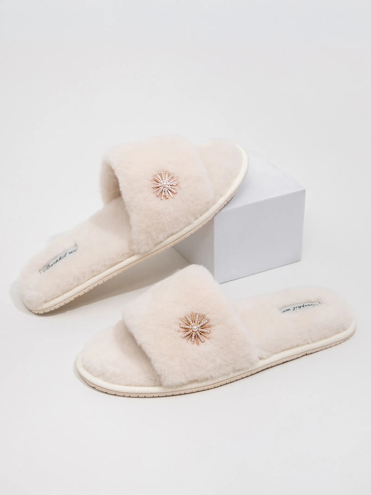 Plush Jeweled Flower Faux Fur House Slippers