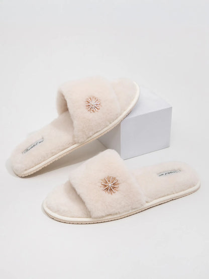 Plush Jeweled Flower Faux Fur House Slippers