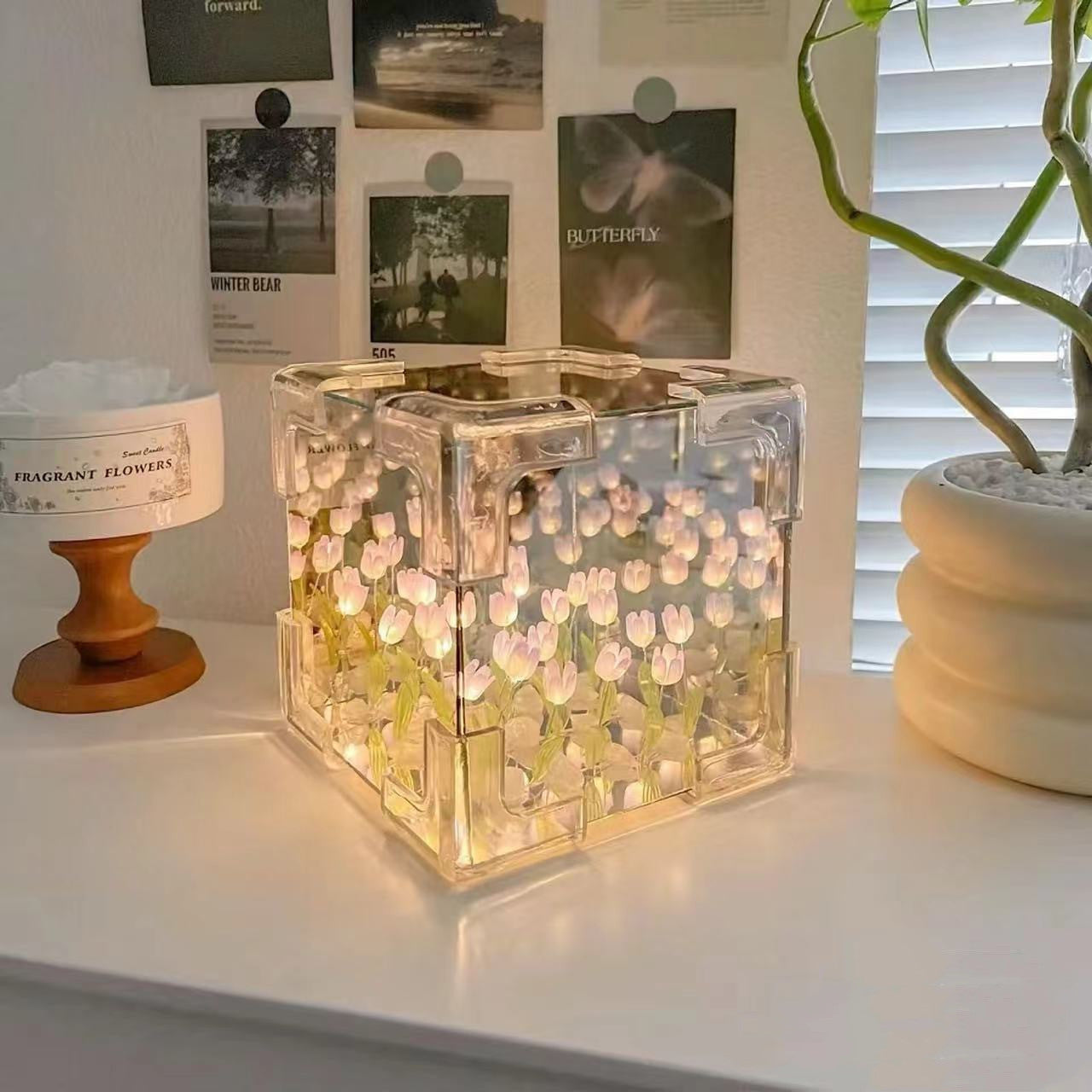 Lampada cubo di mare con fiori di tulipano fai da te