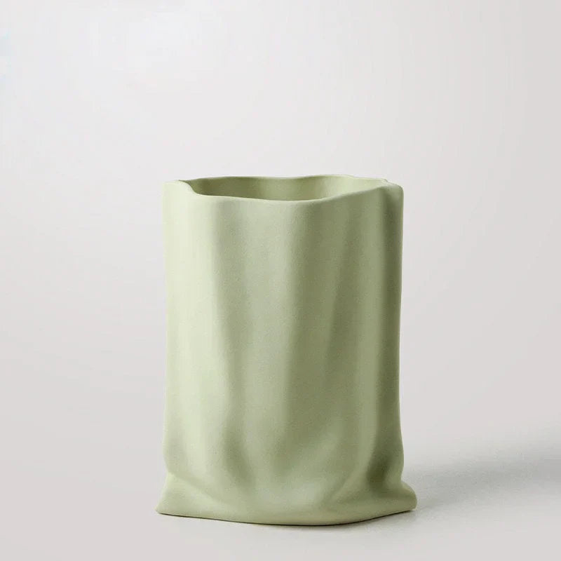 Frosted Ruched Ceramic Paper Bag Vase