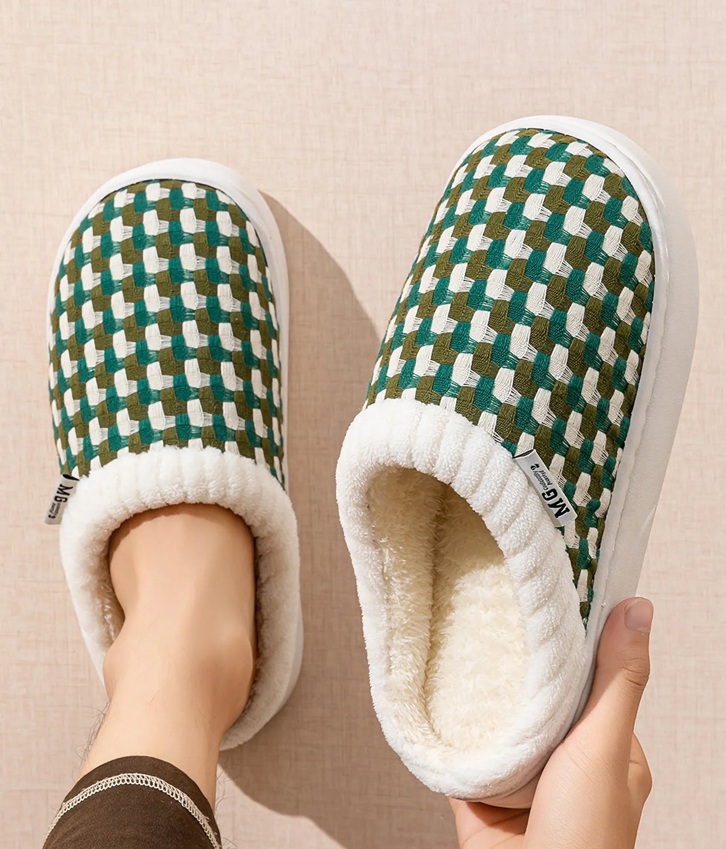 Fuzzy Woven Gingham Plush House Slippers