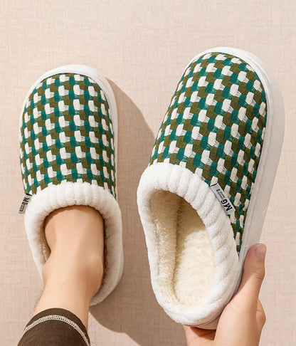 Fuzzy Woven Gingham Plush House Slippers