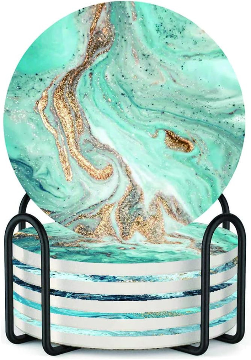 Coasters for Drinks with Holder Set of 6,Marble Blue Ocean Style Absorbent Ceramic Coasters with Cork Base,No Scratched and Soiled Bar Tools Bar Tools & Drinkware Coasters Dining & Entertaining Home & Kitchen Kitchen & Dining