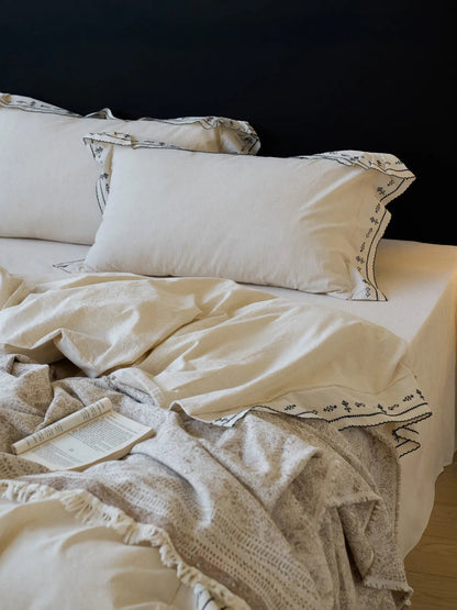 Textured Embroidered Ruffle Linen Bedding Set
