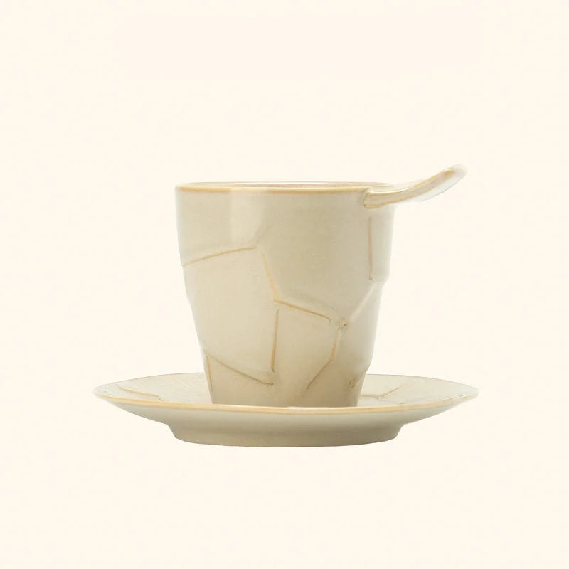 Textured Geometric Ceramic Coffee Cup & Saucer Set