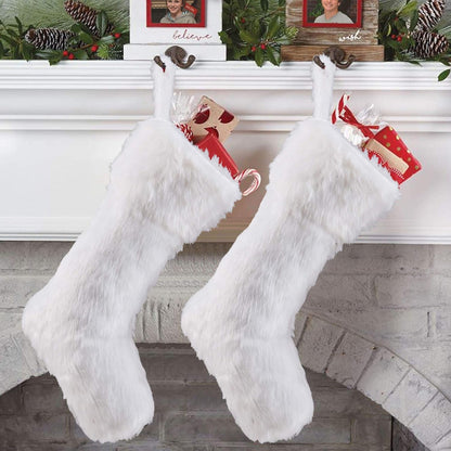 Christmas Stockings, 2 Pcs 18 Inches Large Snowy Luxury Hanging White Faux Fur Christmas Stocking for Family Holiday Party Christmas Fireplace Decorations (White) Home & Kitchen Seasonal Décor Stockings Stockings & Holders