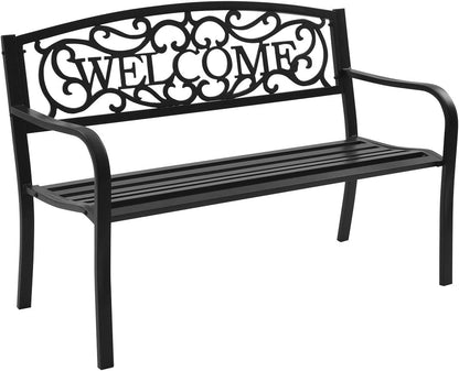 Giantex Garden Bench, Antique Metal outside Bench W/Warm Welcome Pattern, Elegant Bronze Finish and Durable Iron Frame for Park Yard Porch Chair (Black) Benches Lawn & Garden Patio Patio Furniture & Accessories Patio Seating