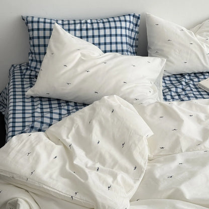 Gingham & Seagull Embroidered Washed Cotton Bedding Set