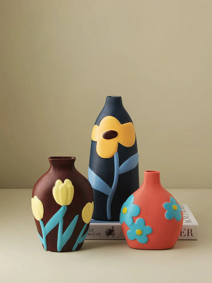 Matte Pop Art Floral Ceramic Vase