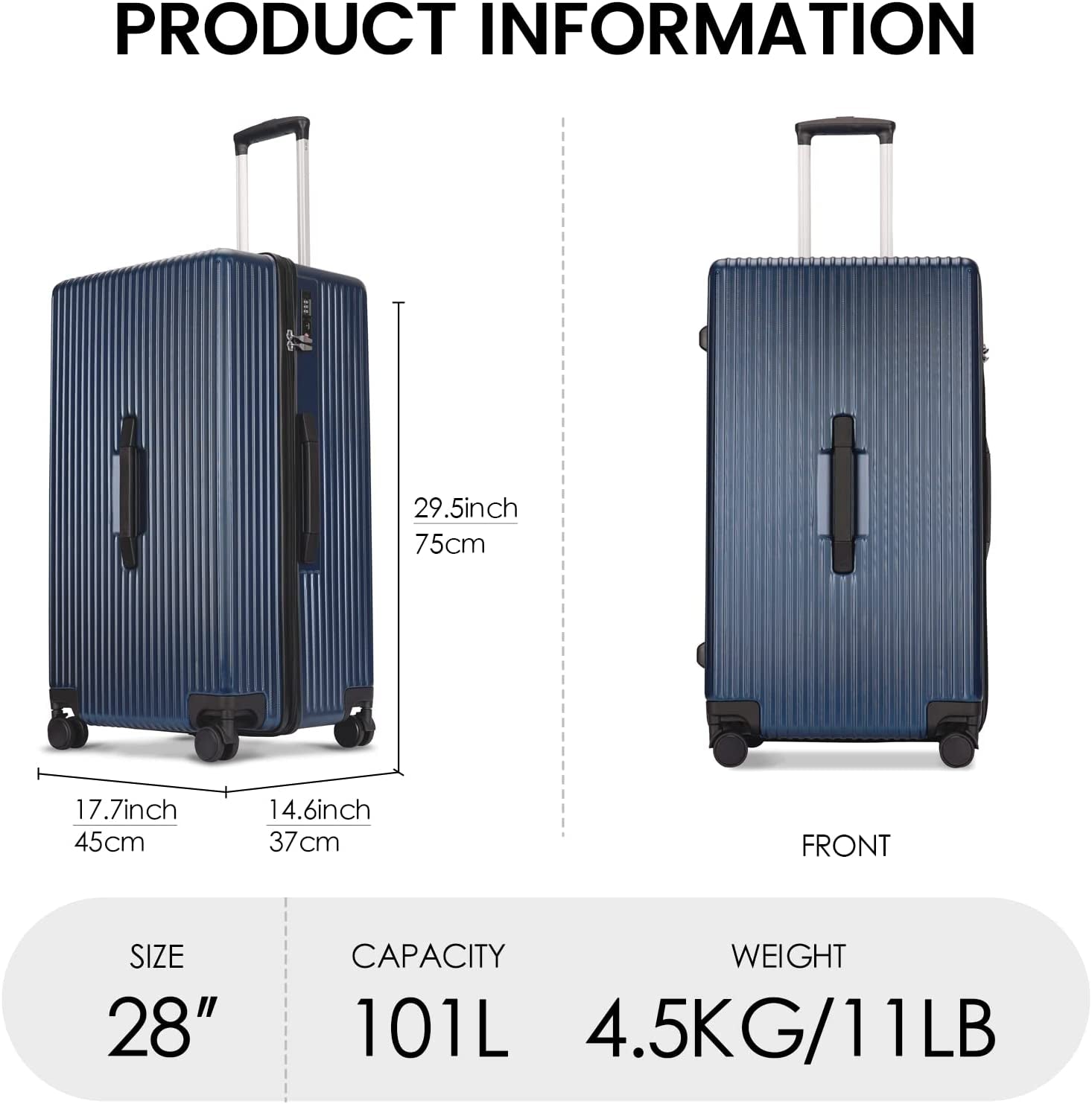 Ginzatravel PC Material Business Fashion 28" Suitcase with TSA Customs Lock, Spinner Wheels（Elite Business Series-02 ） (Dark Blue) Clothing Luggage Luggage & Bags Luggage & Travel Gear Shoes & Jewelry Suitcases