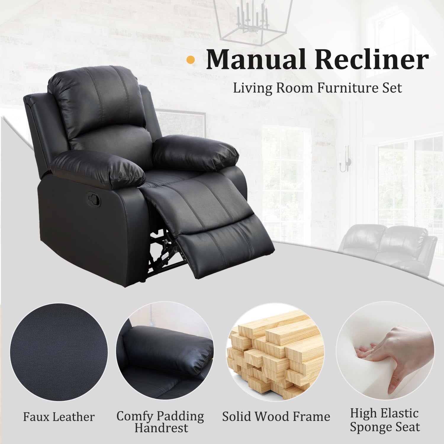 Black Leather Recliner Chair, Maunal Reclining Chair Living Room Furntiure Set for Home/Office/Apartment - 1 Piece Chairs Furniture Home & Kitchen Living Room Furniture