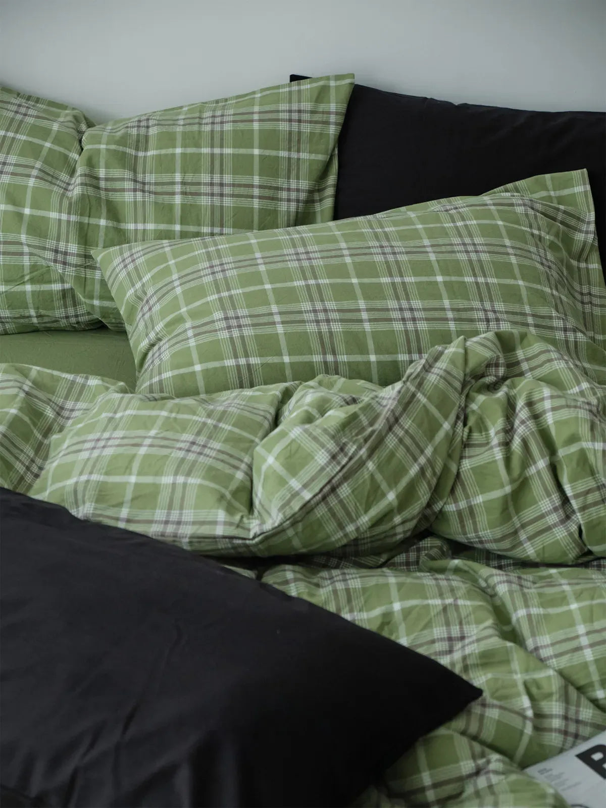 Soft Matcha Green Plaid Cotton Bedding Set