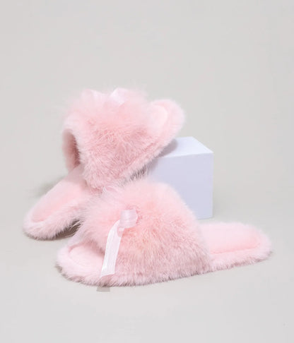 Plush Satin Bow Faux Fur House Slippers