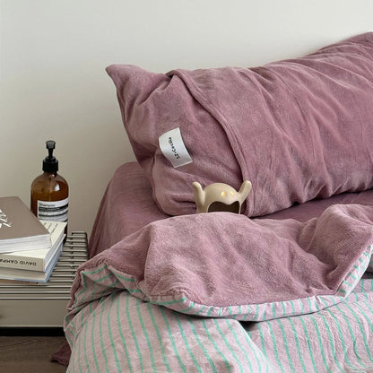 Plush Reversible Striped Flannel Fleece Bedding Set
