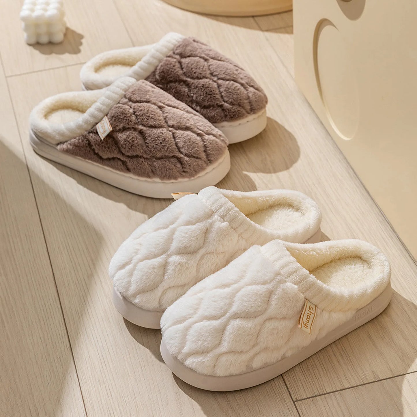 Plush Diamond Quilted Cotton House Slippers