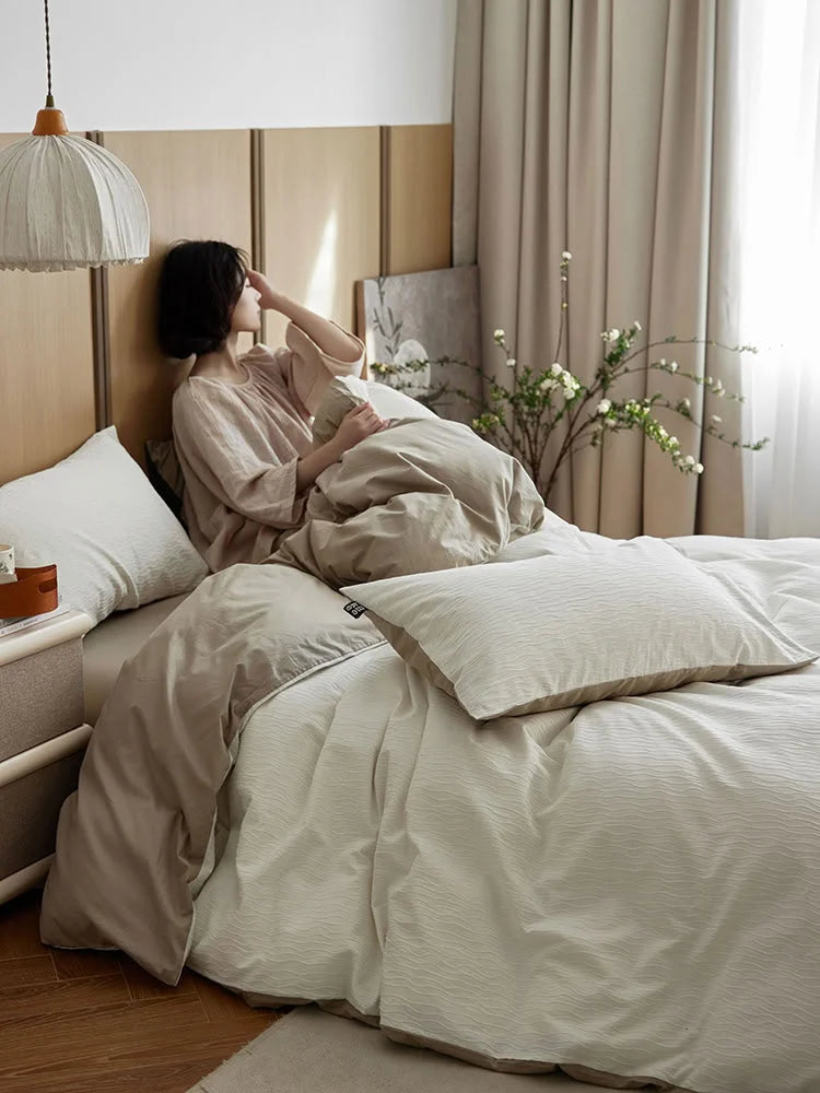 Wavy Textured Two-Tone Washed Cotton Bedding Set