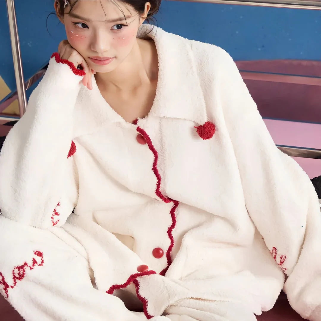 Plush Embroidered Pom-Pom Fleece Pajama Set