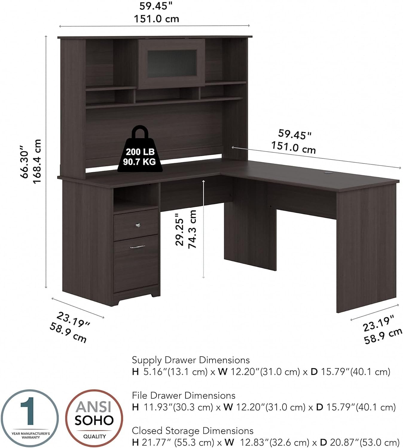 Bush Furniture Cabot 60W Single Pedestal L Desk with Hutch, Heather Gray Furniture Home & Kitchen Home Office Desks Home Office Furniture