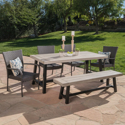 Christopher Knight Home Cooper Outdoor Stacking Wicker Dining Set with Acacia Wood Table and Bench, 6-Pcs Set, Sandblast Light Grey / Black Rustic Metal / Grey Dining Sets Lawn & Garden Patio Patio Furniture & Accessories Patio Furniture Sets