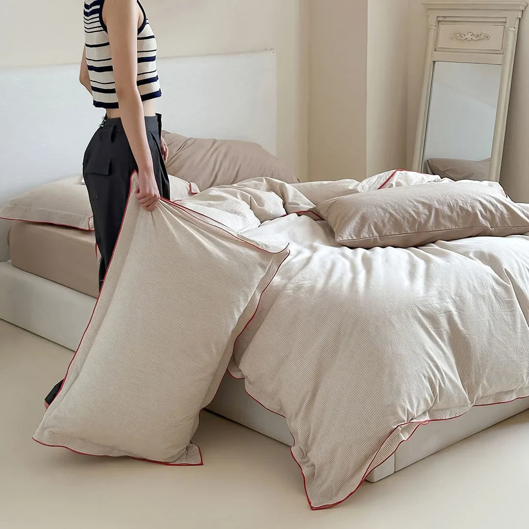 Soft Ruffle Pinstripe Washed Cotton Bedding Set