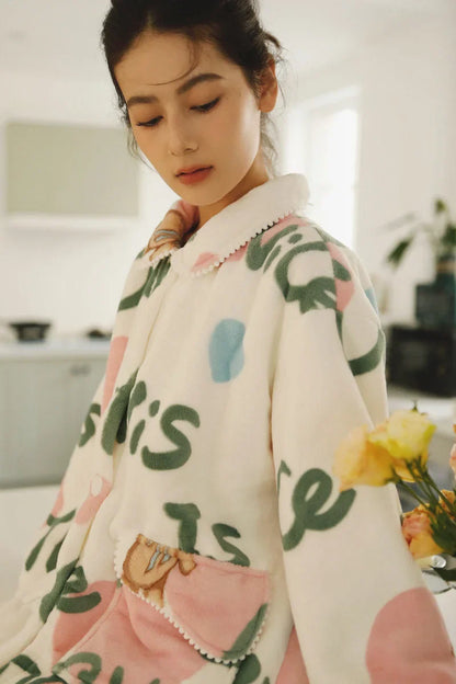 Plush Fuzzy Teddy Bear & Heart Print Flannel Fleece Pajama