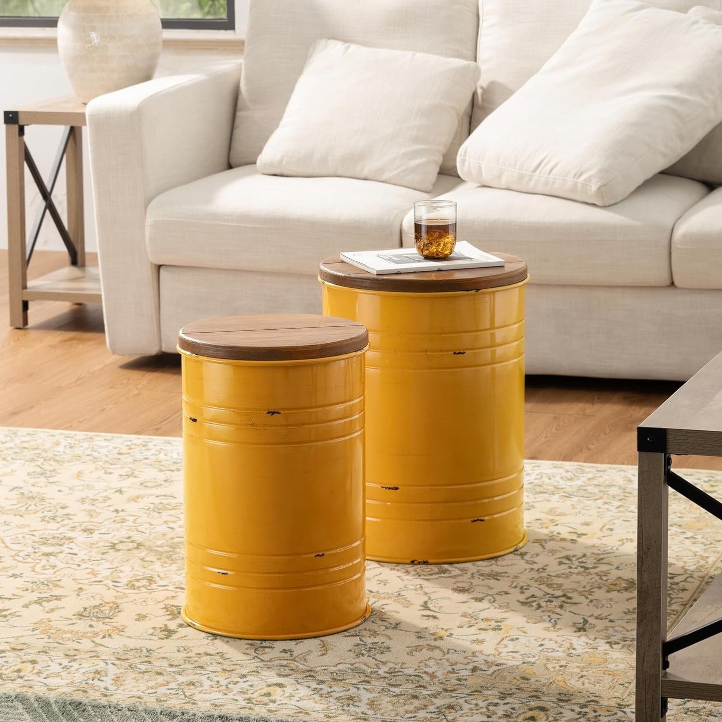 Glitzhome Rustic End Table Set of 2, Farmhouse Galvanized Metal Barrel Ottoman Storage Stool with round Wood Lid for Living Room Furniture, White Furniture Home & Kitchen Living Room Furniture Ottomans