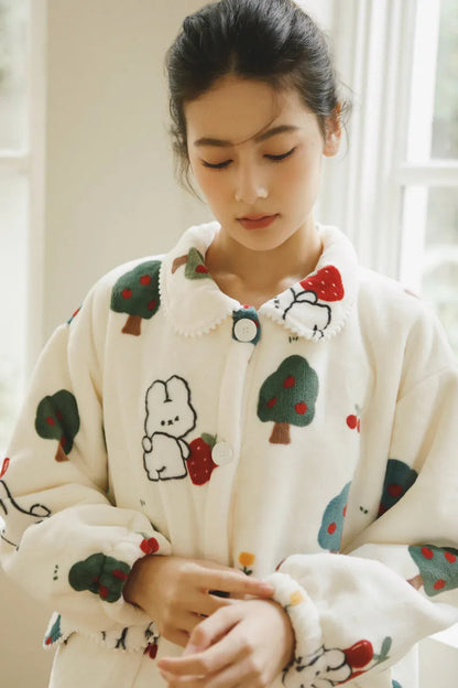 Plush Bunny & Strawberry Flannel Fleece Pajama Set