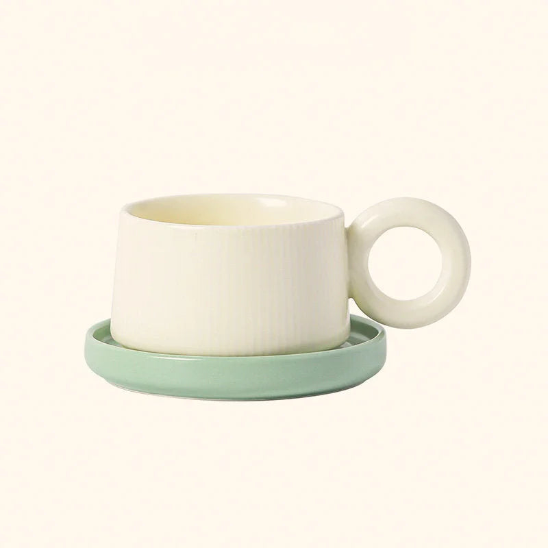 Ribbed Ceramic Donut Handle Mug and Saucer Set