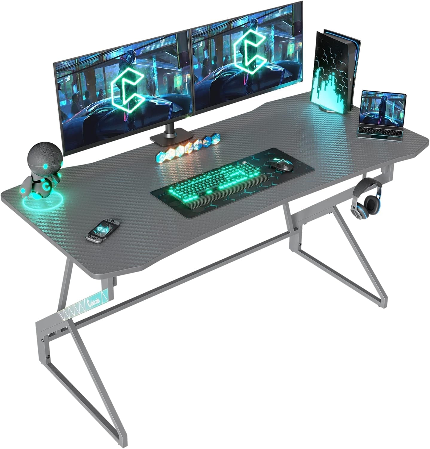 Cubicubi Simple Gaming Desk Z Shaped 47 Inch Gamer Workstation, Home Computer Carbon Fiber Surface Gaming Desk PC Table with Headphone Hook Furniture Home & Kitchen Home Office Desks Home Office Furniture