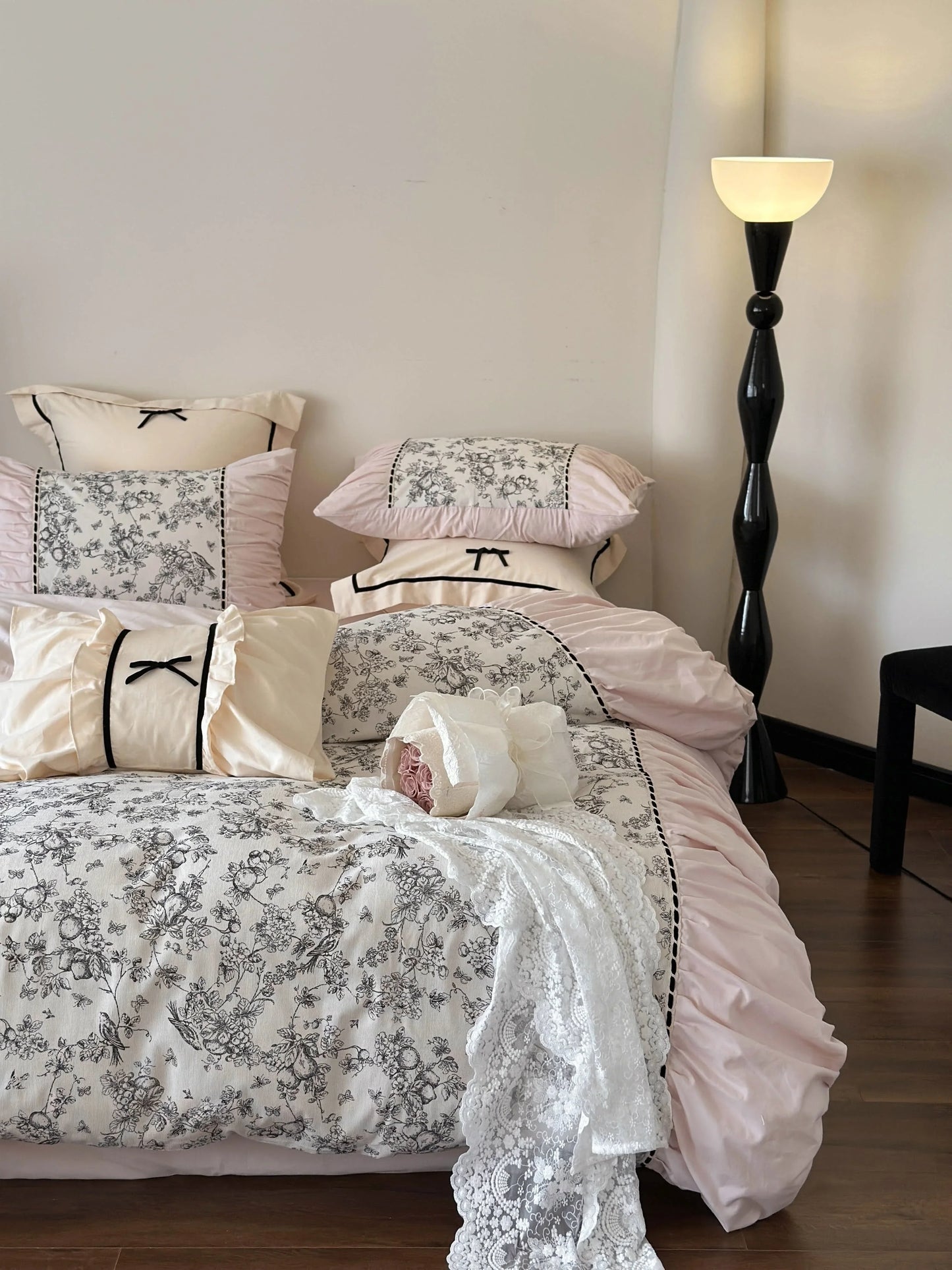 Ruffled Botanical Toile Washed Cotton Bedding Set