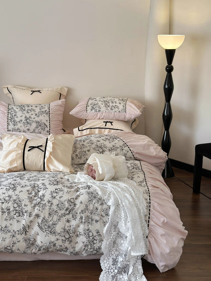 Ruffled Botanical Toile Washed Cotton Bedding Set
